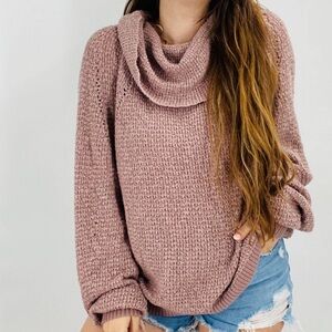 Free People mauve loose knit cowl neck ribbed long sleeve oversized sweater